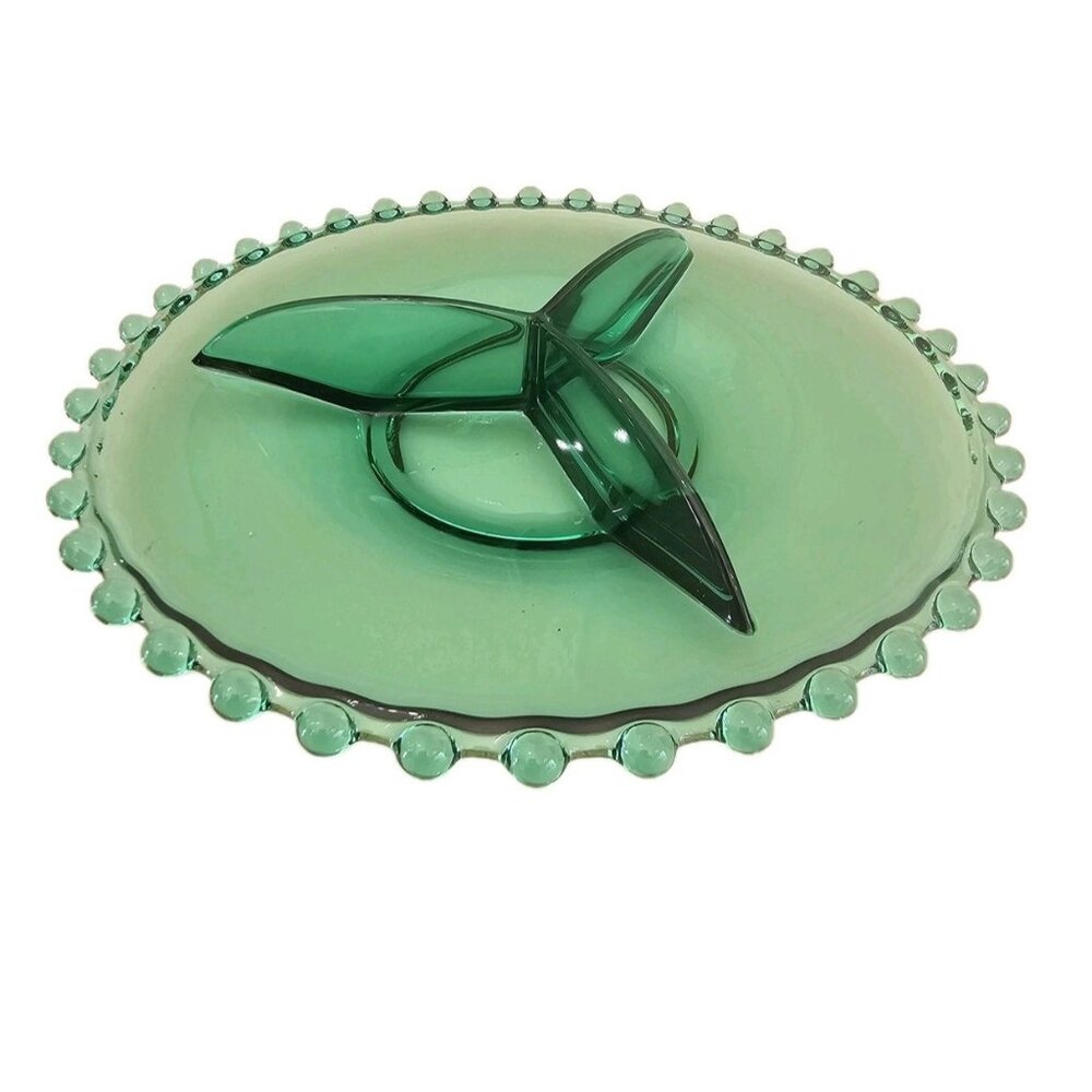Bohemian Crystalex Teal Divided Relish Dish candlewick glass MCM vtg retro 9"